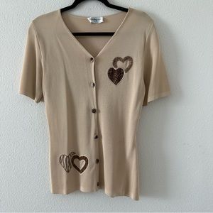 Sambucari tan V-neck cardigan Sz 40 Viscose button front short sleeve sweater